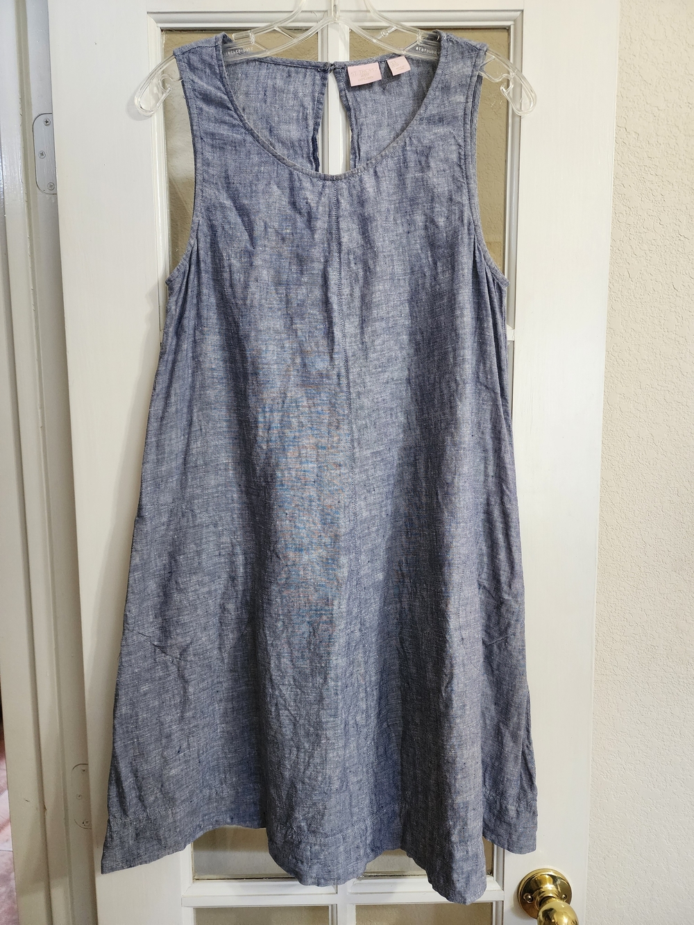 St Tropez West 100% Linen Blue Sleeveless Shift Dress Pockets Size 8
